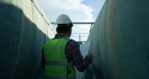 istock Senior maintenance engineer wearing a reflective vest and using a walkie-talkie while working with a blueprint drawing at a large water tank in a construction site of the factory. 2168109701