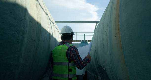 istock Senior maintenance engineer wearing a reflective vest and using a walkie-talkie while working with a blueprint drawing at a large water tank in a construction site of the factory. 2168109707