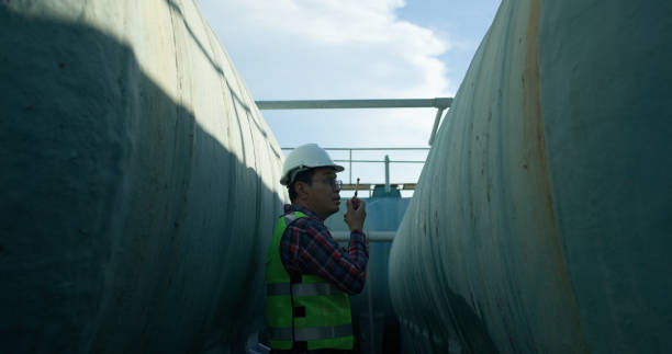 istock Senior maintenance engineer wearing a reflective vest and using a walkie-talkie while working with a blueprint drawing at a large water tank in a construction site of the factory. 2168109718