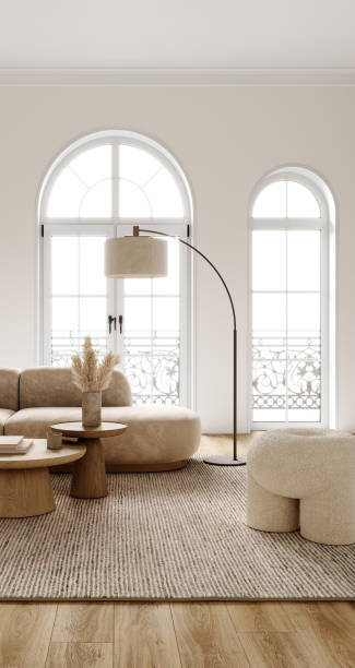 istock Spacious and airy boho chic living room with curved sofa and natural light from large windows, 3d rendering 2168113012