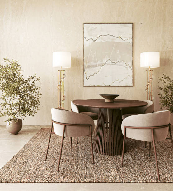 Elegant and modern dining room enhanced with beautiful art and decorative elements, 3d rendering This stylish and inviting dining area showcases a beautifully round table, chic chairs, and contemporary decor details, 3d rendering round wooden chair stock pictures, royalty-free photos & images