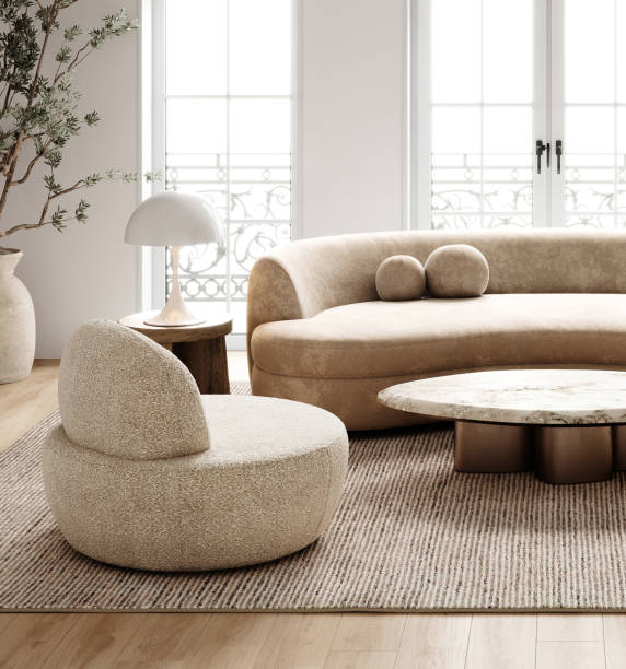 istock Spacious and airy boho chic living room with curved sofa and natural light from large windows, 3d rendering 2168113088