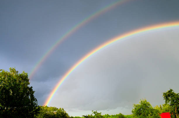 A double rainbow appears in the sky after a rainstorm