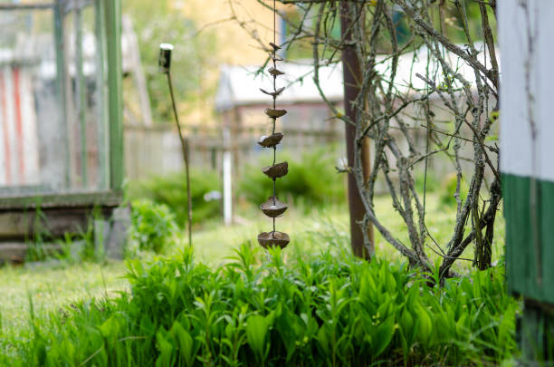 A rustic coconut shell wind chime hangs from a branch in a garden