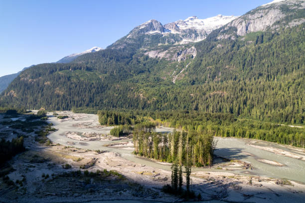 Aerial view of wild, mountain river, Elaho Valley, Squamish, B.C.
