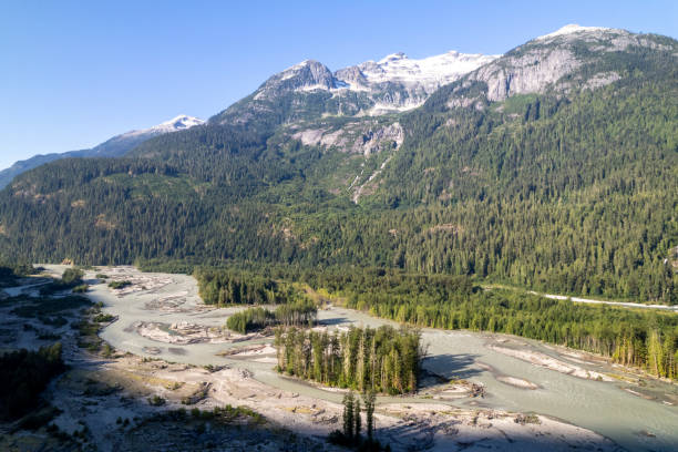 Aerial view of wild, mountain river, Elaho Valley, Squamish, B.C.
