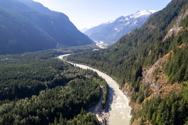Aerial view of wild, mountain river, Elaho Valley, Squamish, B.C.