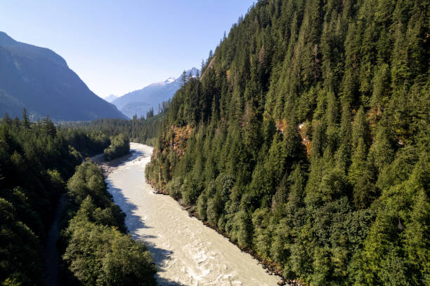 Aerial view of wild, mountain river, Elaho Valley, Squamish, B.C.