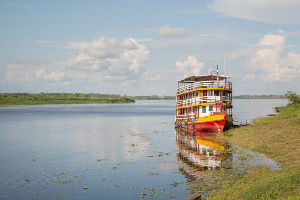 A traditional Amazonian riverboat named Selva Viva anchored along the banks of a canal in the Pacaya Samiria Reserve, surrounded by the tranquil waters of the Amazon basin.
