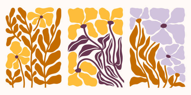 podzimní květiny vektorové ilustrace sada. podzimní květinové kompozice. botanické potisky v matissovském stylu - boho stock ilustrace