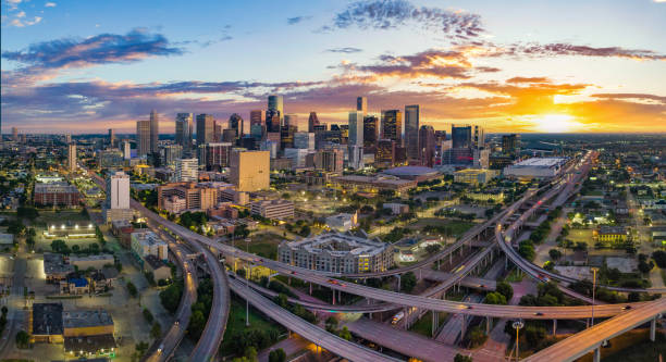 houston texas drone skyline aerial - houston-texas bildbanksfoton och bilder