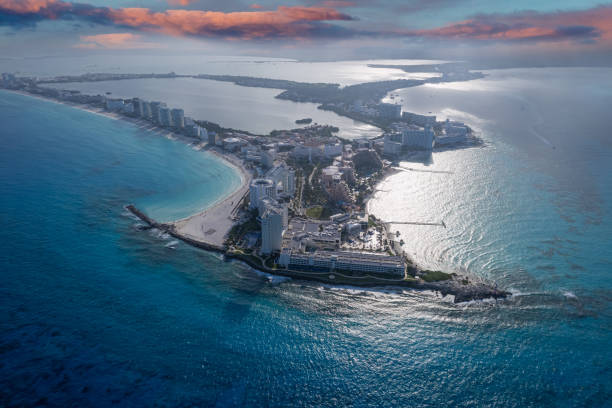 istock Drone view of Punta Cancun at Sunset 2168128023