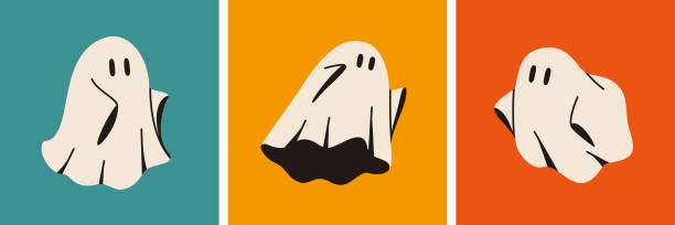 illustrazioni stock, clip art, cartoni animati e icone di tendenza di groovy ghosts: un'opera d'arte retrò di halloween - fantasma