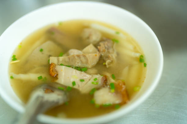 Kuey Zap, a famous chinese thai style street food which can obtain in thailand.  Chinese cripsy pork, mince pork and flat rice noodles serve in pepper soup.