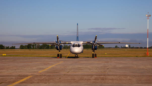Ukrainian aircraft AN - 26 B. Plane Antonov AN-26b at airport. Ukrainian aircraft AN - 26 B. Plane Antonov AN-26b with propeller at airport. Ukraine, Kyiv - August 13, 2020 antonov an 26 stock pictures, royalty-free photos & images