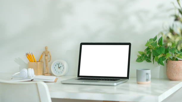 istock Laptop with white blank display, books, stationery and potted aplenty on white table. 2168150054