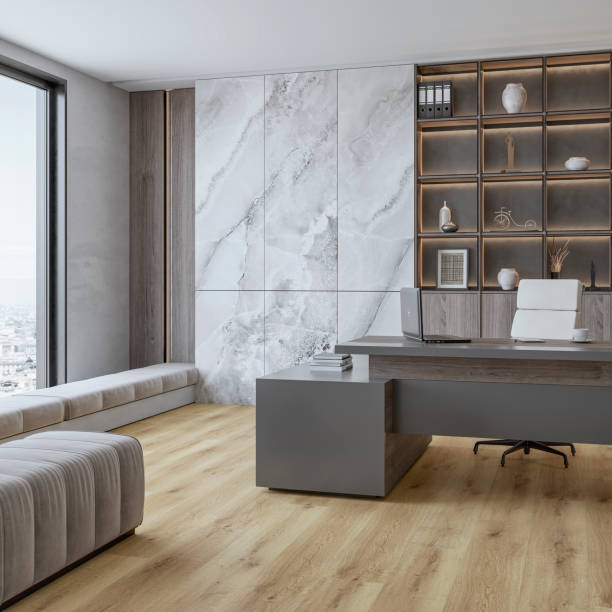 istock A modern home office with minimalistic design with a desk, chair, soft bench and windows 2168160285