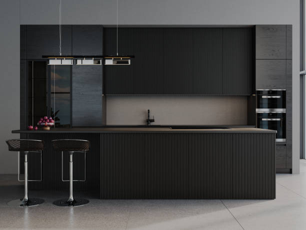 istock Modern Anthracite Wooden Kitchen and Dining Room Interior Design. 3D Modelling. 2168171206