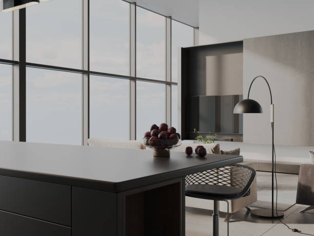 istock Modern Anthracite Wooden Kitchen and Luxury Living Room Interior Design. 3D Modelling. View of modern minimalist open space kitchen and beige comfortable sofas. 2168171277