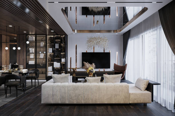 istock Living room interior, minimalist style, L-shape sofa next to the window 2168173633