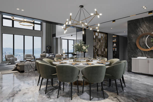 istock Modern kitchen interior with large windows overlooking a patio and a dining table with green chairs 2168173674