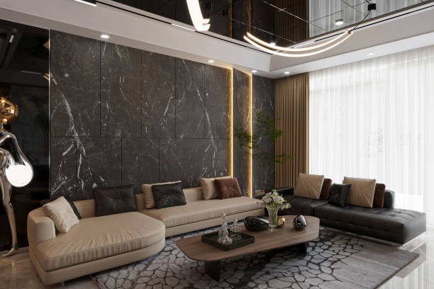istock Modern living room interior design with white sectional sofa, coffee table and rug 2168173709