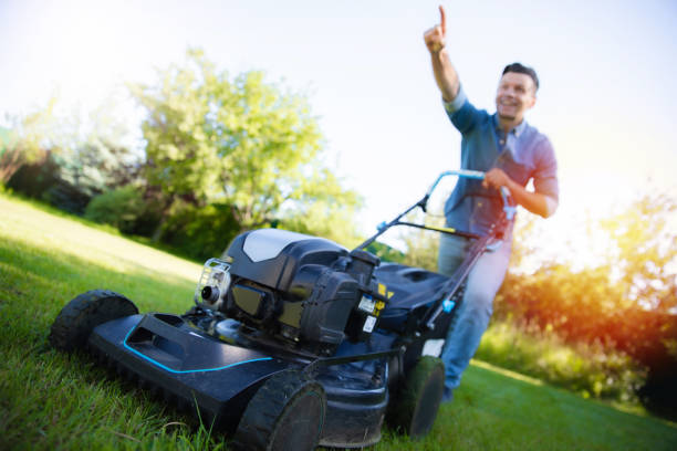 istock Excited man in a denim shirt joyfully pushes a lawn mower while pointing excitedly, surrounded by a vibrant, green yard. The image of enthusiasm and energy of outdoor lawn care on a bright, sunny day 2168174260