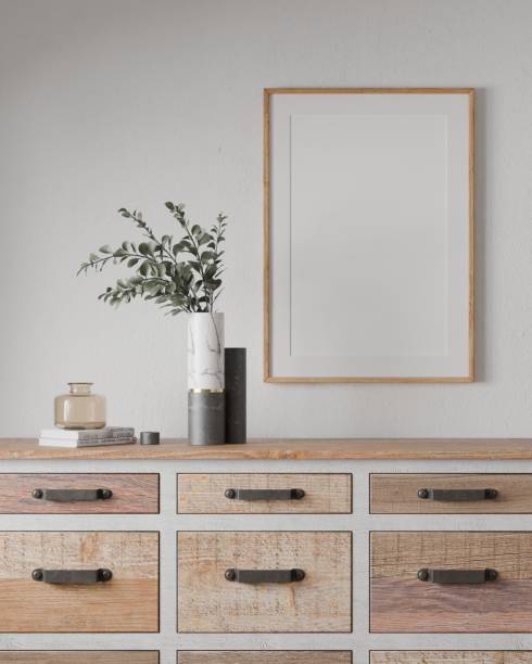 istock Mockup frame, wood poster empty close up in home design, Homey interior design element cozy mockup, 3d render. 2168175513