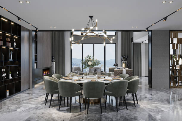 istock 3D rendered modern kitchen with an integrated dining space and a mockup wall 2168175710