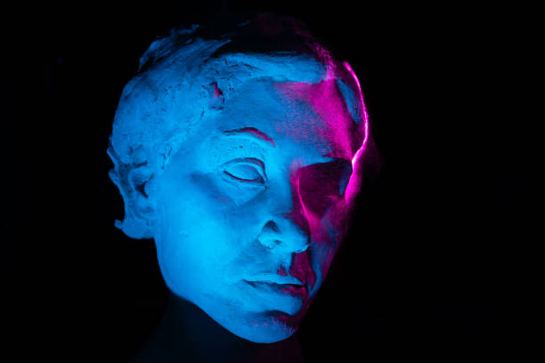 Anthic sculpture in blue and pink color. Artificial intelligence concept.
