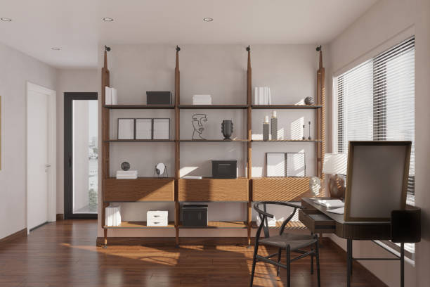 istock A working corner with a working desk and chair and shelves, panoramic window 2168175725