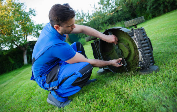 istock Man in blue overalls makes maintenance and cleans on a lawn mower, adjusting the blade while kneeling on a grassy lawn. Importance of equipment care in lawn maintenance for optimal performance. 2168175853