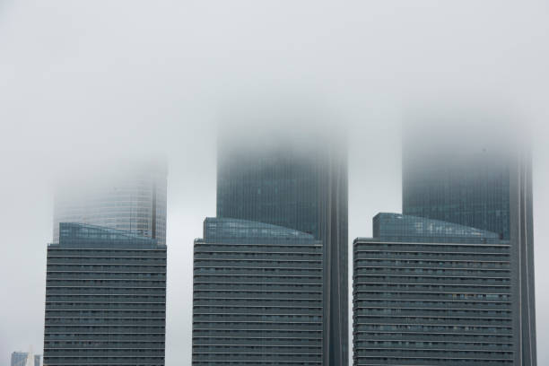 Office and business buildings in the fog. Minimalism