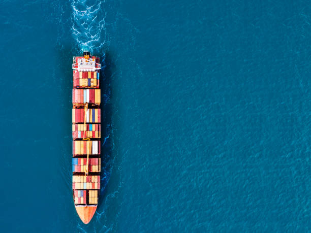 istock Aerial view of Container ship in open sea with copy space. 2168190696
