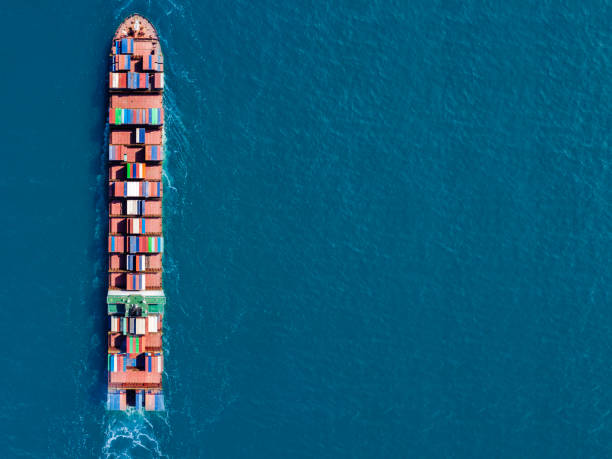 istock Aerial view of Container ship in open sea with copy space. 2168193192
