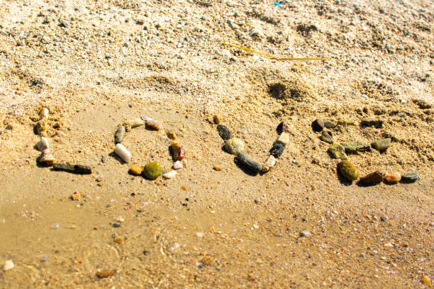 on a sandy beach, love is written in pebbles