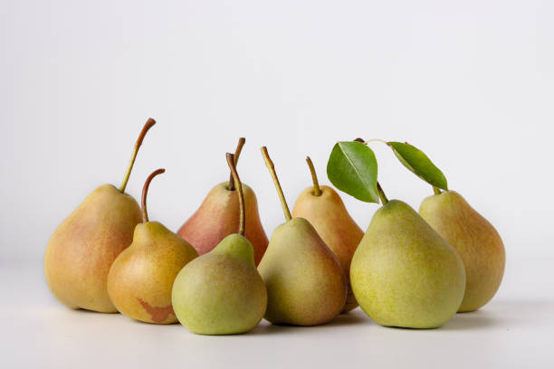 ripe garden pears on a white background, a copy of the space