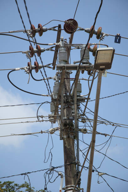 istock High voltage electric cables on a pole are neatly arranged complete with insulators so that electricity doesn't leak isolated on clear blue sky background 2168207155