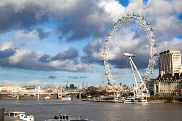 A low angle view of passenger pods on the London Eye tourist attraction against a blue sky background.