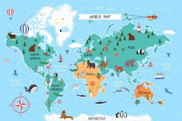 Fun world map with continents, animals, ships, hot air balloons and airplane. Fun world map with continents, animals, ships, hot air balloons and airplane. Nursery room poster template. houses in antarctica stock illustrations