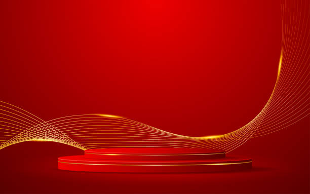 istock Red podium with elegant gold wave lines on the back for product presentation 2168214371