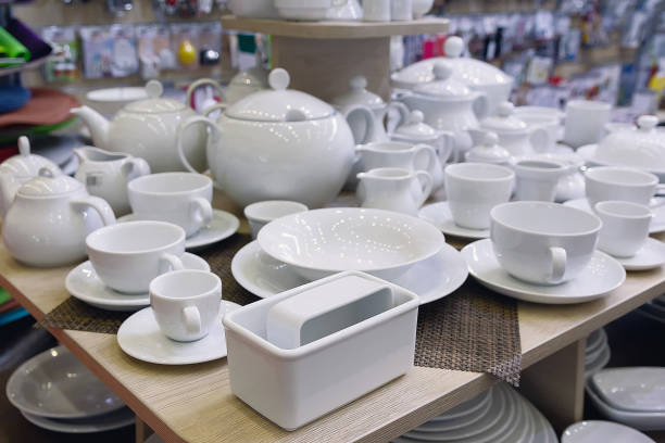 Modern crockery, porcelain, utensils and other different stuff on shop