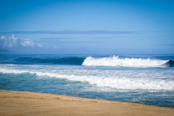 The iconic white-capped waves of Banzai Pipeline roll toward the sandy beach, under a bright blue Hawaiian sky.