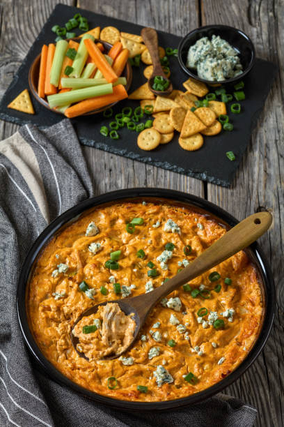 hot buffalo chicken dip in baking dish, top view