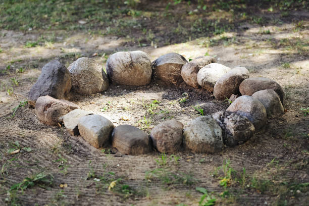 Ashes inside round shape. Backyard garden fire place.