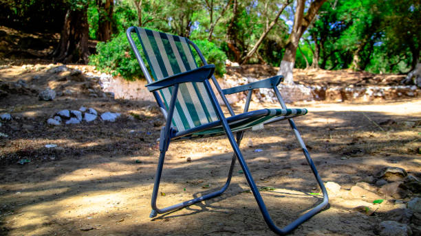 A green striped folding chair is set in a natural setting, surrounded by trees in a forest.