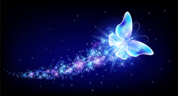 istock Flying butterfly with sparkle and blazing trail flying in night sky among shiny glowing stars in cosmic space. Animal protection day concept. 2168258213