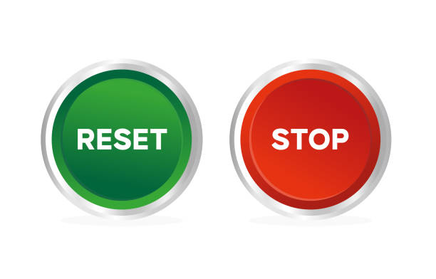 zelená tlačítka reset a červená tlačítka stop na bílém pozadí - tlačítko strojní součástka stock ilustrace