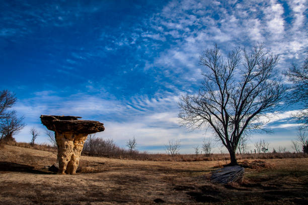 Mushroom Rock State Park, located in a rural area of central Kansas near the small town of Carneiro in Ellsworth County.  Mushroom Rock is only 5 acres in size but features interesting unique rock formations resembling (what else?) mushrooms.  Native Americans and pioneers, including John C. Fremont and Kit Carson, used the rocks as a meeting place and landmarks.