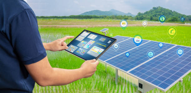 istock Smart farm system with engineer control solar panels station on field 2168288239